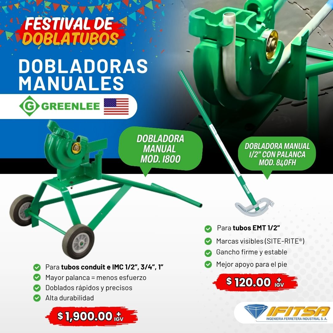 PROMOCI&Oacute;N DOBLADORA MANUAL PARA TUBOS CONDUIT E IMC 1/2&rdquo;, 3/4&rdquo;, 1&rdquo; MODELO 1800 GREENLEE 01